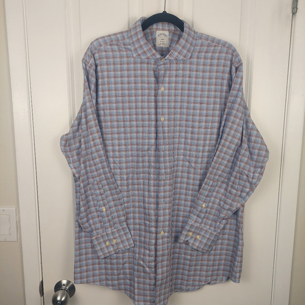 Brooks Brothers Non-Iron Cotton Dress Shirt, Men's 17 Blue & Red Check